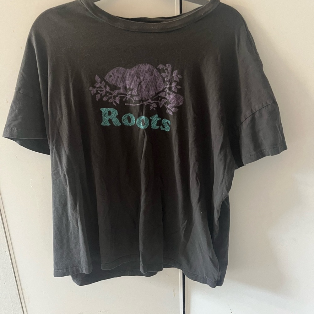 Roots Charcoal Tee with Lavender and Aqua Graphic